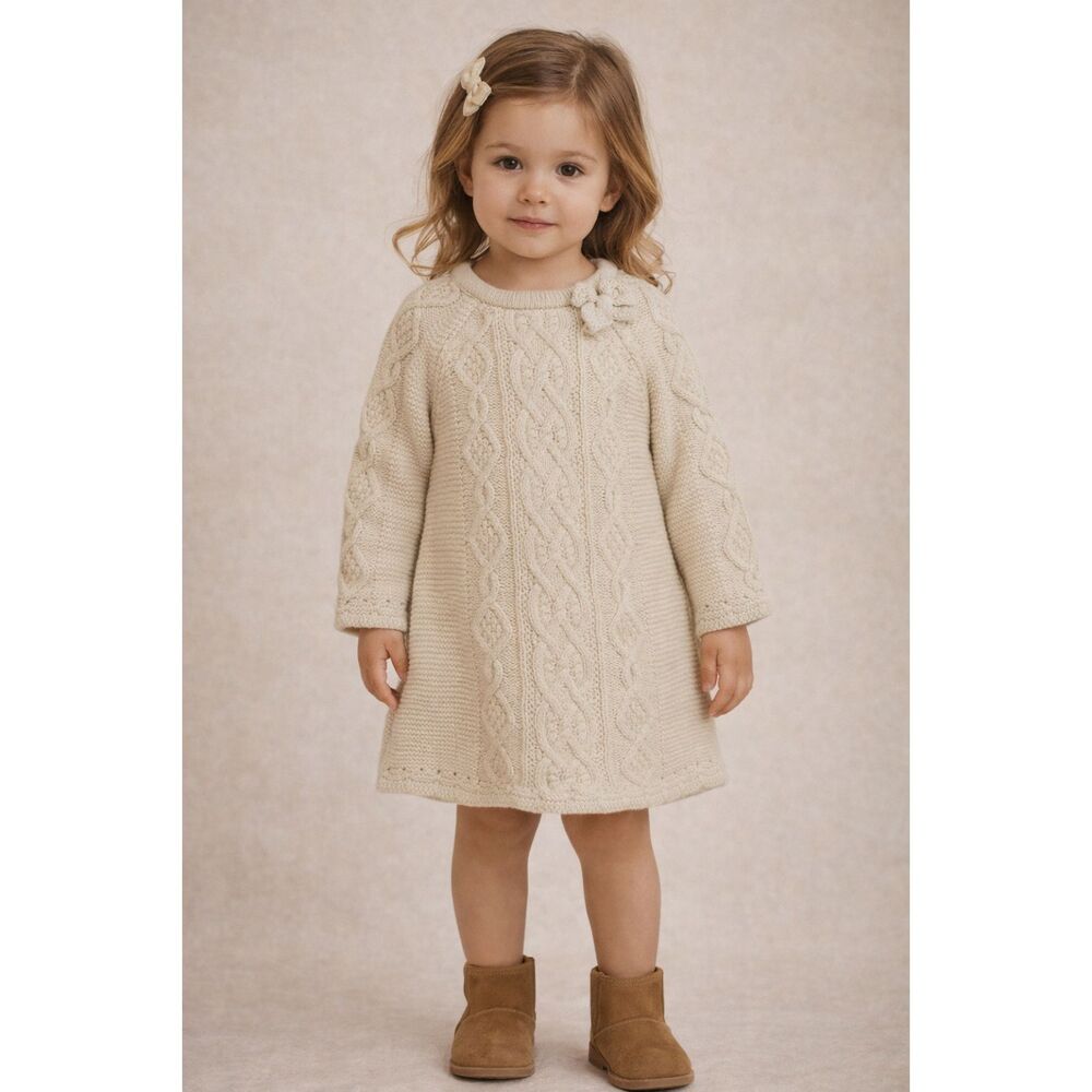 Cream Cable Knit Baby Girls Cotton Blend Irish Sweater Dress, Size 18 Months
